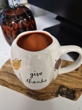 Rae Dunn White Mug with Orange Interior and Fall Leaf Art